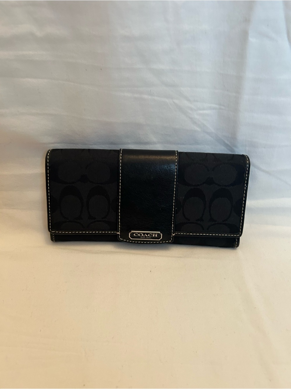 Coach Black Signature Canvas Trifold Wallet with Leather Trim